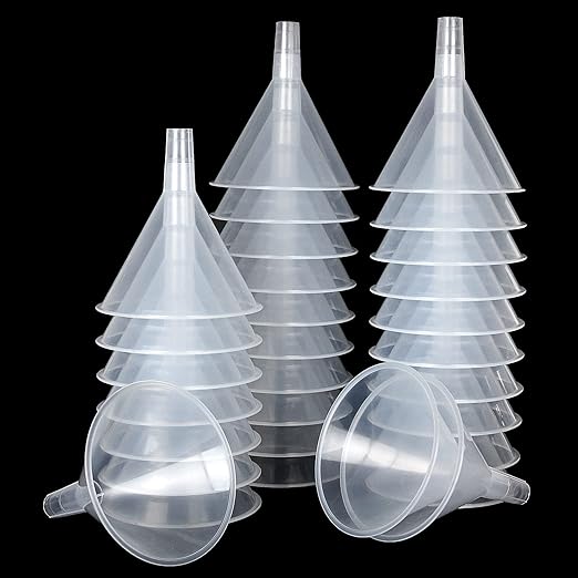 HNBun 30Pcs Plastic Funnels Set, 4.7 Inch Wide Mouth Large Clear Funnels for Filling Water Bottles, Multipurpose Tool with Long Spout for Transferring Liquid, Spices, Powder, Lotion, Oils