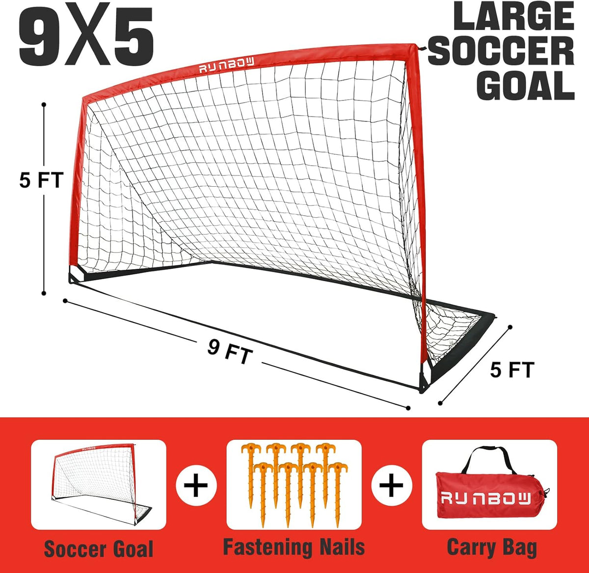RUNBOW 9x5 FT Portable Kids Soccer Goal - Folding Soccer Net with Carry Bag for Indoor/Outdoor Training