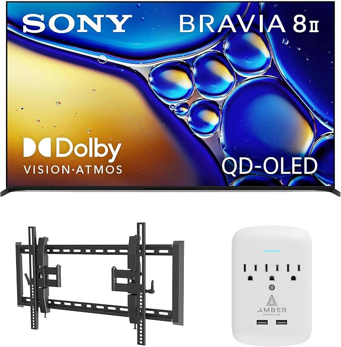 SONY K65XR80M2 65 Inch Bravia 8 QD-OLED 4K HDR Google TV with a Walts TILT-EXTENSION-37-90 Tilt Mount for 37"-90" TVs and Amber Protection 3-Outlet-Surge Surge Protector (2025)