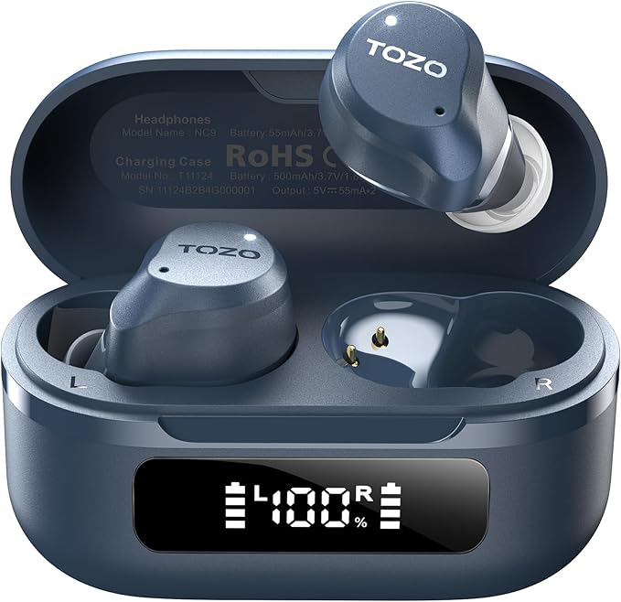 TOZO NC9 Hybrid Active Noise Cancelling Wireless Earbuds, 60H, LED Display | 6 Mic ENC Clear Calls, Deep Bass Sound, IPX8, in Ear Bluetooth 5.3 Headphones,32 EQs via APP, Comfort Fit Ear Buds, Blue