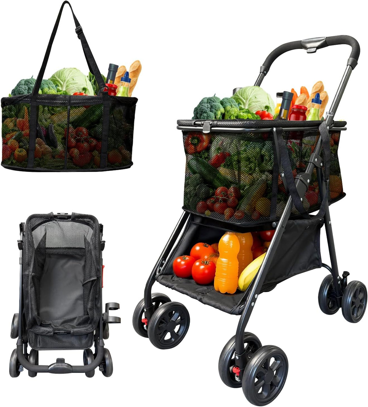Folding Shopping Cart with Wheels, 80lbs Capacity Shopping Carts for Groceries, Detachable Baskets & 360°Swivel Wheels Collapsible Shopping Carts with Double Basket for Laundry, Camping, Transport
