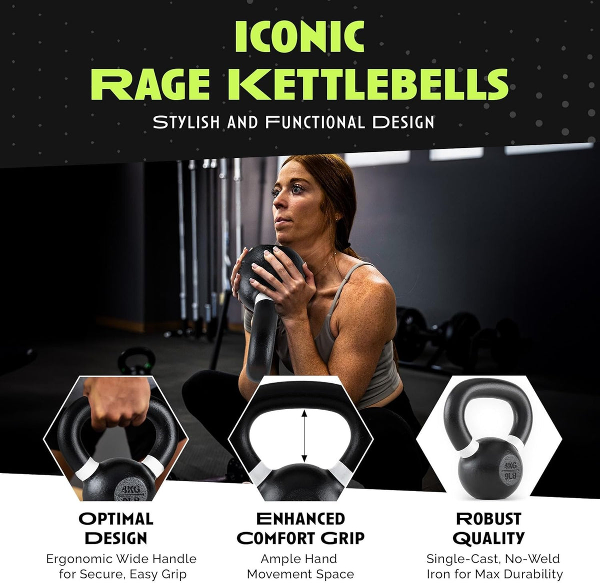 Rage Fitness Cast Iron Kettlebell - Powder Coated with Wide Handle for Strength & Endurance Workouts
