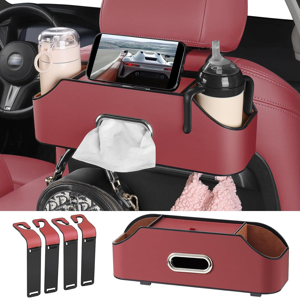 Car Rear Backseat Extra Multifunctional Drink Cup Holder Organizers with Tissue Storage Box Organizer & Hooks for Car Seat Back (Gray)