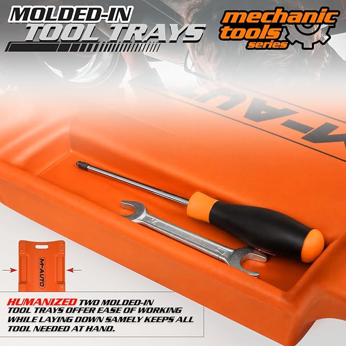 M-AUTO 36" Mechanic Rolling Garage Creeper with Padded Headrest Light Weight Automotive Creeper Mechanic Cart with Dual Tool Trays and Noiseless Casters, Orange