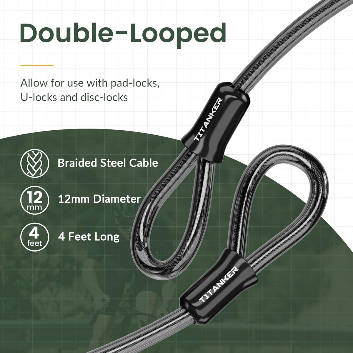 Titanker Bike Lock Cable - Heavy Duty 12mm Thick Steel Security Cable | Vinyl Coated, 4ft to 30ft Options