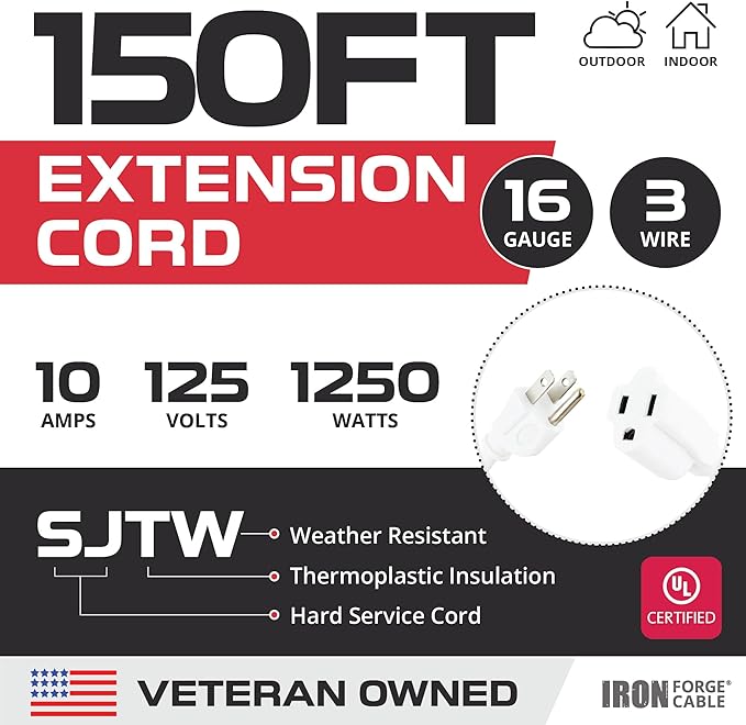 Iron Forge Cable Weatherproof 150 Ft Outdoor Extension Cord - 16/3 SJTW Heavy Duty White Extension Cord 3 Prong - 10 Amp Exterior Power Cable