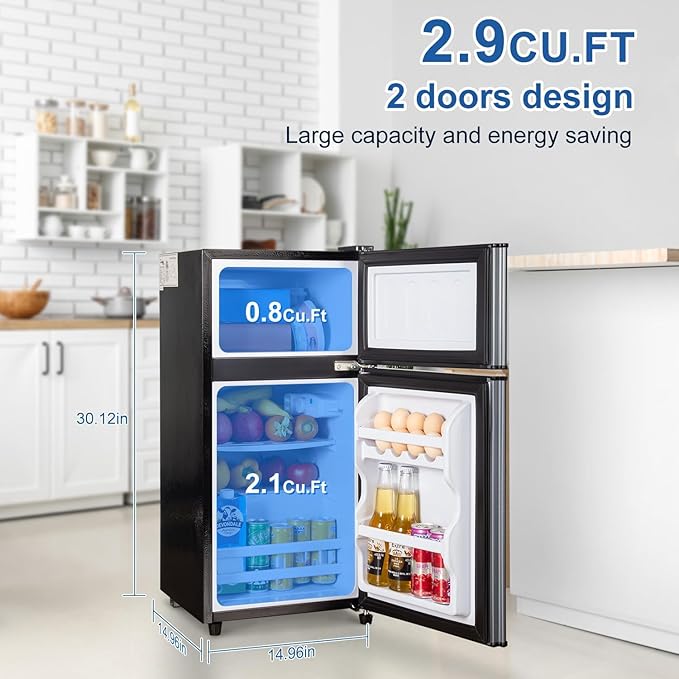 2.9 Cu.Ft Mini Fridge with Freezer, Compact Double Door Refrigerator | with 7-Level Cooling, Energy Saving, Low Noise, Small Fridge for Dorm, Bedroom, Office - Blue