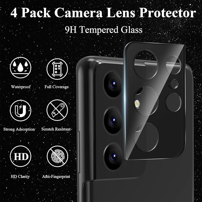 4 Pack Camera Lens Protector for Galaxy S21 Ultra, 9H Tempered Glass Camera