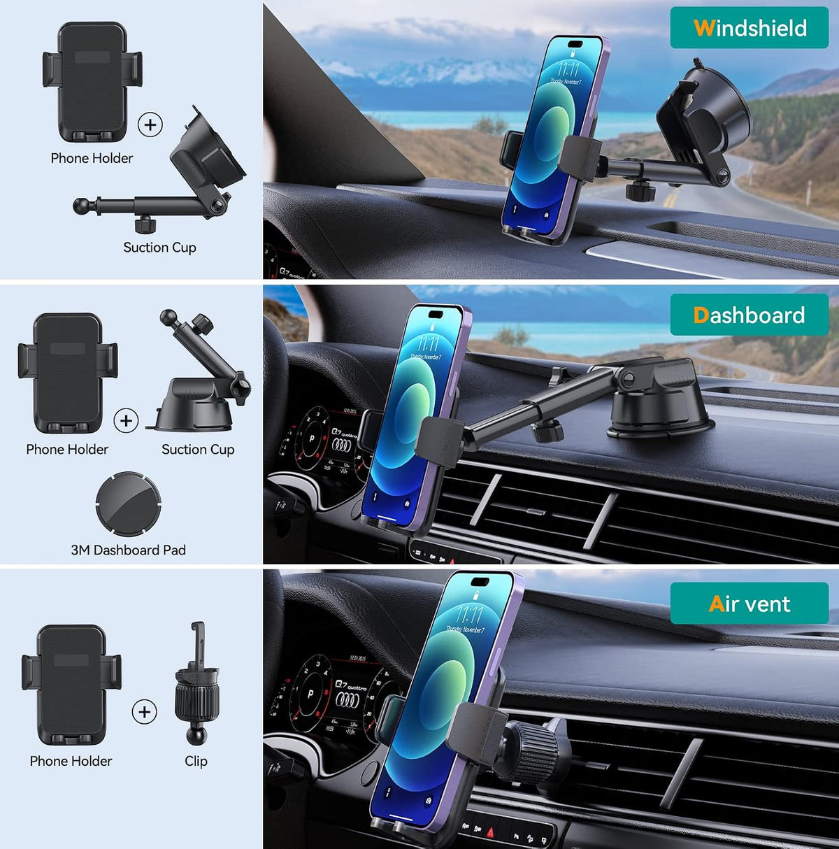 DOLYOFG Car Phone Holder Mount, [Military-Grade Suction & Super Sturdy Base] 3 in 1 Universal Phone Mount for Car Dashboard Windshield Air Vent Dash Pad Car Mount for iPhone Android Smartphone