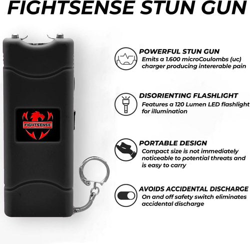 FIGHTSENSE Super Heavy Duty Keychain Stun Gun - Rechargeable Self-Defense Device with Flashlight & Nylon Holster