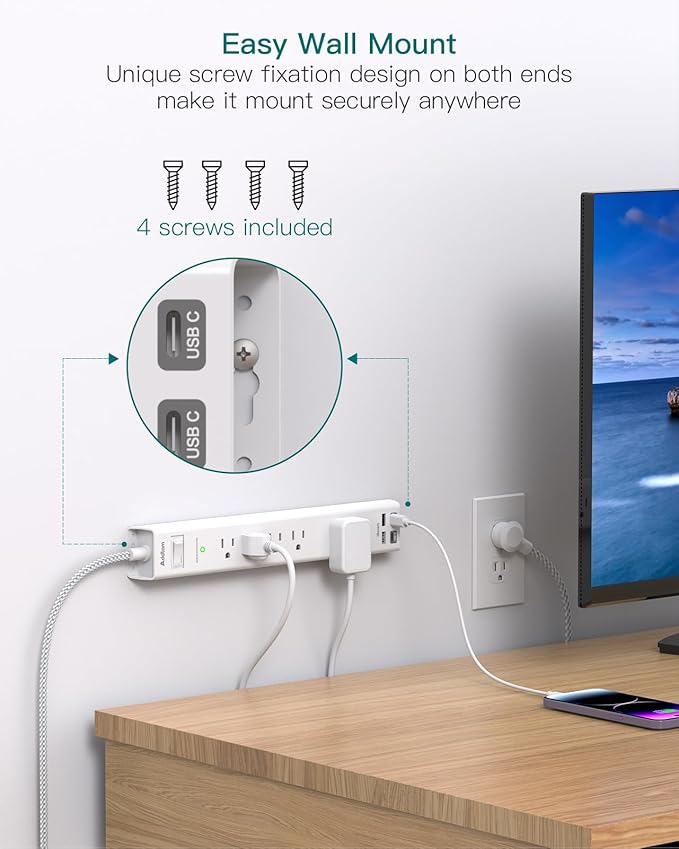 10Ft Surge Protector Power Strip - Long Extension Cord, Addtam 5 Widely Outlets 4 USB Ports, Flat Plug, Multi Plug Outlet Extender, Desk Charging Station for Home Office College Dorm Room Essentials