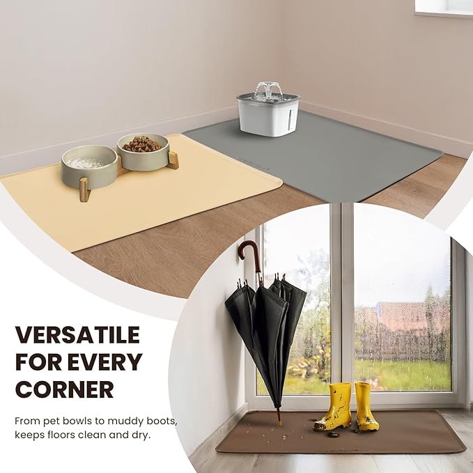 VIVAGLORY Dog Food Mat Flexmat Dog Bowl Mat, Placemat Food Tray with Raised Edges & Lip for Indoor Floor, Non Slip Waterproof Silicone Dish Placemat for Cat & Pet, L, Grey