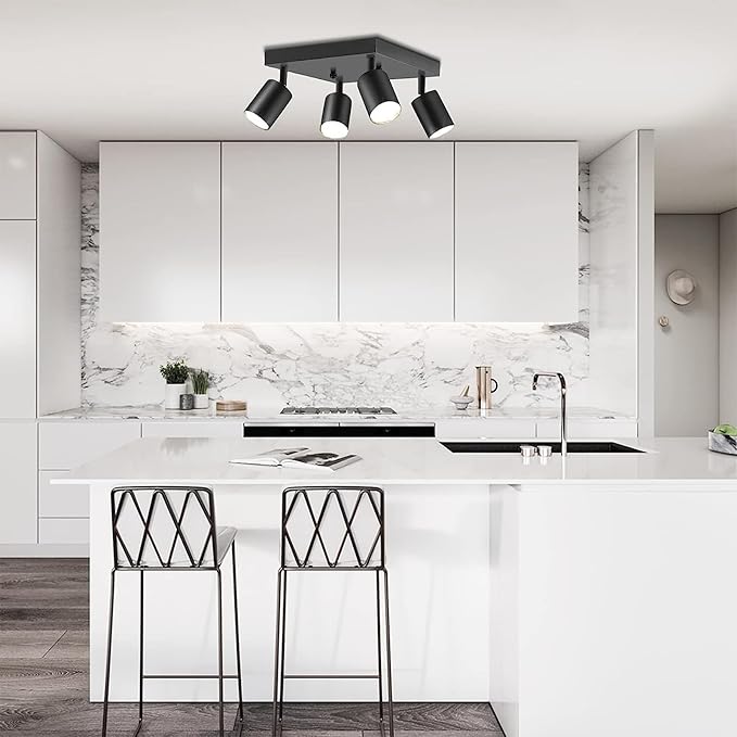 Ceiling Spot Lights Indoor: 4 Lights Led Flush Mount Ceiling Light Fixture GU10 Head Modern Black Adjustable Directional Light for Kitchen Bathroom Bedroom Hallway
