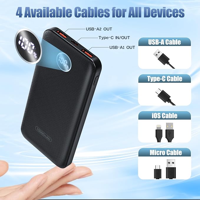 Portable Charger, Compact 10000mAh Power Bank with Type-C Cable, 22.5W Fast Charging External Battery Pack with LED Digital Display for iPhone and Android Black
