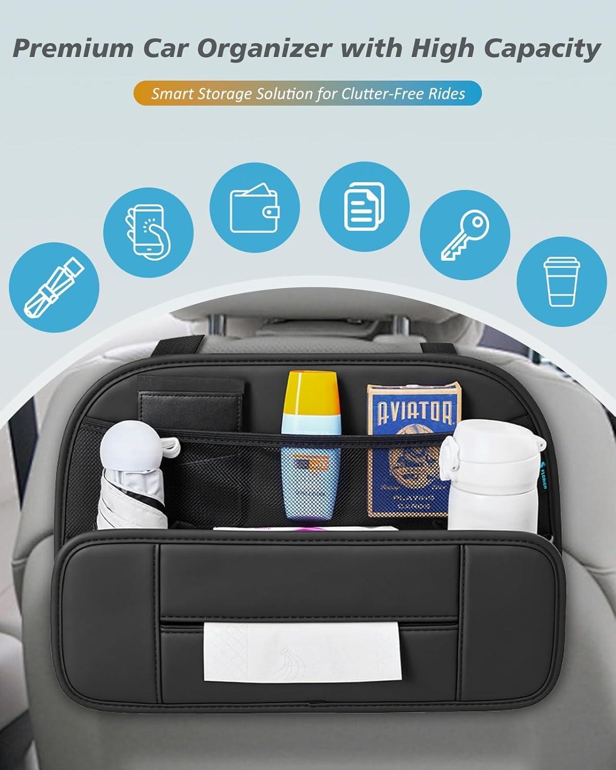 FLORICH Upgrade 5-in-1 Car Backseat Organizer, Premium Leather Headrest Seat Back Storage Pocket with Cup Holder, Foldable Hanging Car Tissue Holder 1 Pack