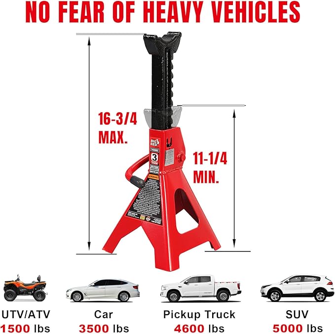 Big RED 3 Ton Heavy Duty Steel Jack Stands, Capacity Car Lifting Stand,1 Pair