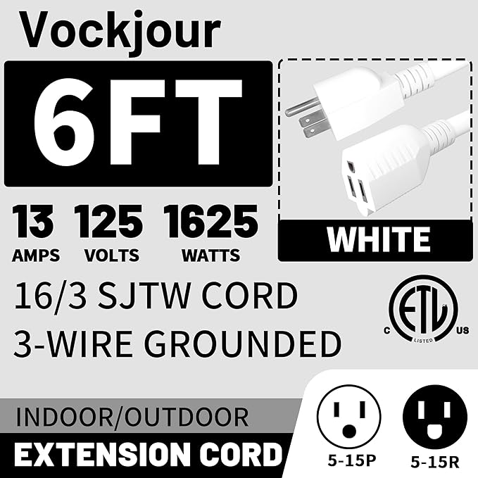 16/3 White Indoor Outdoor Extension Cord 6 Ft 2 Pack Waterproof, Extension Cord with 3 Prong Grounded Plug,13A 1625W 16AWG SJTW, Flexible Weatherproof Power Cable