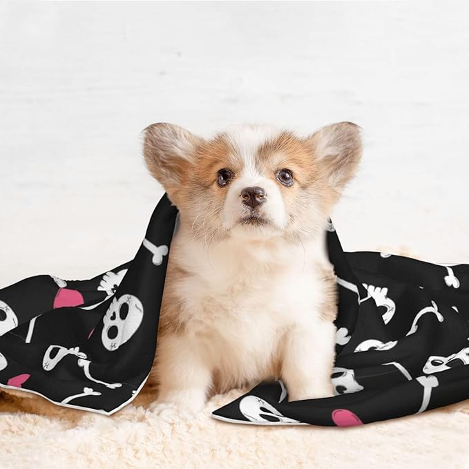 Dog and Cat Blanket in One, Cartoon Skulls with Hearts On Black, Double Sided Plush Throw with Raised Dot Pattern on One Side and Flat Velvet on Other for Variety