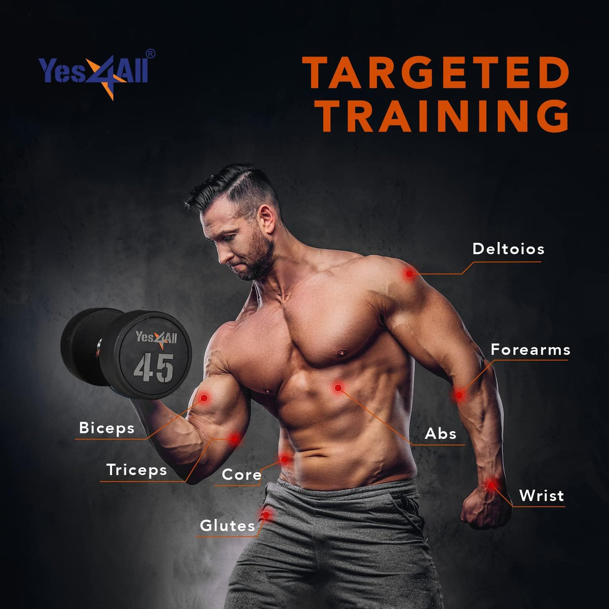 Yes4All Urethane Dumbbell - Anti-Slip Knurled Handle for Muscle Building | 5-50 LB Options Available