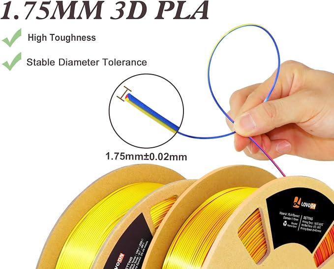 LOVOON Silk PLA 3D Printing Filament Bundle 2KG, PLA Filament 1.75mm Shiny
