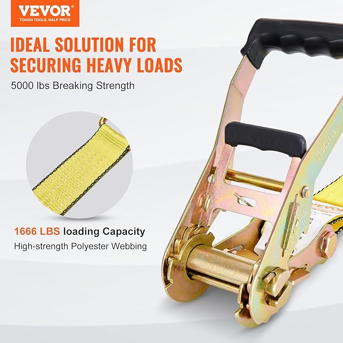 VEVOR 2" x 15' Ratchet Straps Heavy Duty (4PK), 5000 lb Break Strength, Double J Hook Includes 4 Premium Rachet Tie Downs with Padded Handles, for Moving Securing Cargo, Appliances, Lawn Equipment