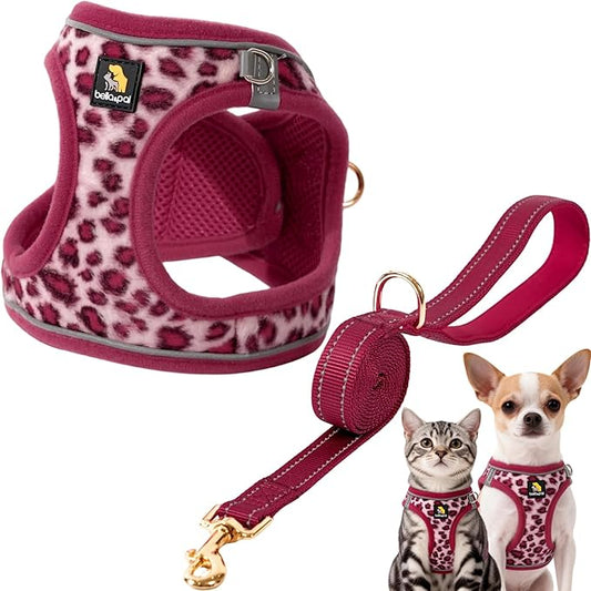BELLA & PAL Step in Vest Harness for Small and Medium Dogs, No Pull Small Dog Harness with Leash Set, Comfortable Air Mesh Dog Vest Harness with Reflective Strip (Pink Leopard, M)