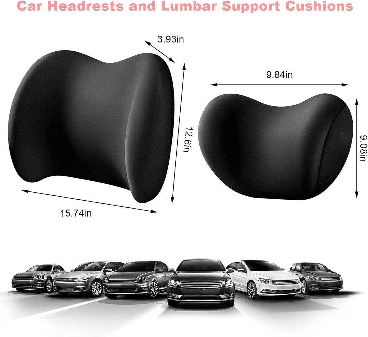2 PCS Car Headrest & Lumbar Support Cushion, Breathable Memory Foam Auto Neck Lumbar Support Pillow w/Adjusatble Strap, Ergonomic Vehicle Seat Headrest Neck Rest Cushion (Black)