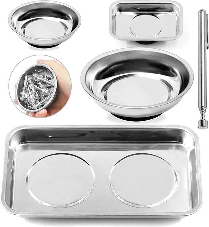 Glarks 5 Pieces Magnetic Tool Trays with Magnetic Pickup Tool Set 3" 6" Round Magnet Bowl and 9.5" x 5.5" / 3.6" x 2.4" Rectangular Magnet Parts Tray for Socket Screw Nuts Bolts Pins Metal Tool