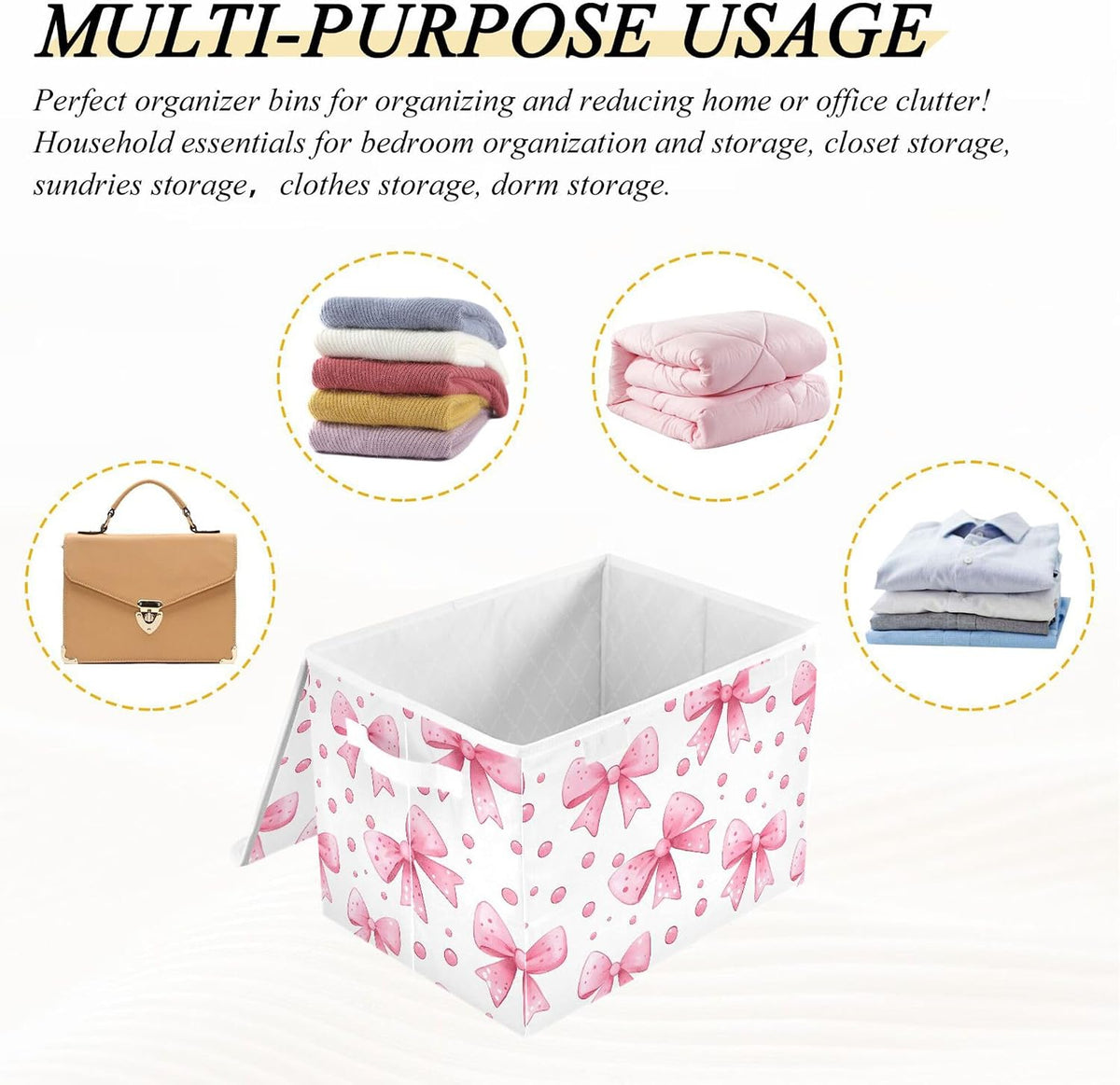 Bows and Polka Dots Storage Bins with Lids and Carrying Handle,Foldable Storage Boxes Organizer Containers Baskets Cube with Cover for Home Bedroom Closet Office
