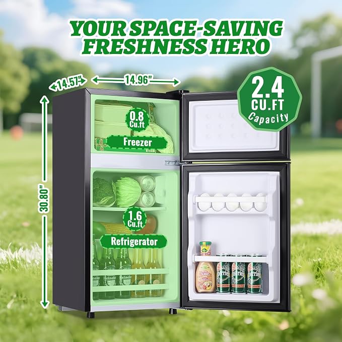 Mini Fridge with Top Freezer Apartment Size Dual Door Compact Small Refrigerator for Personal Use Small Mini Fridge with Egg tray, 7 Temperature Control For Dorm, Apatmet, Dark Grey