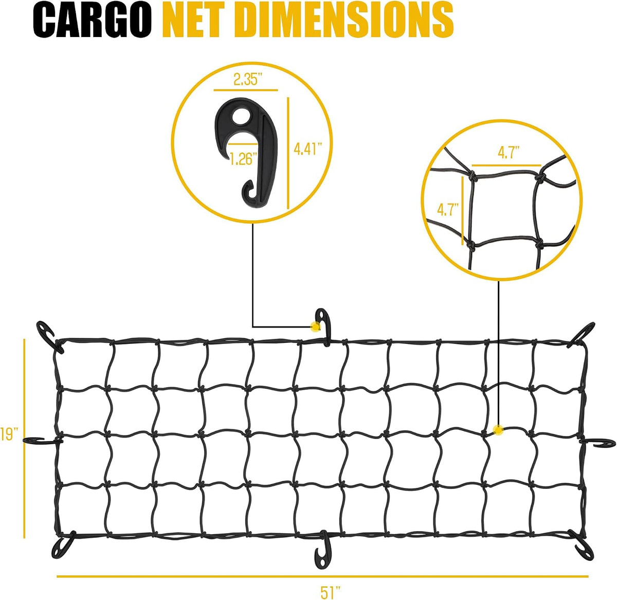 ARKSEN 51" x 19" Heavy Duty Tangle-Free Nylon Cargo Net(4.7" x 4.7" Mesh), Universal Bungee Net for Pickup, Trucks, SUV, Roof Racks, and Travel Luggage Racks