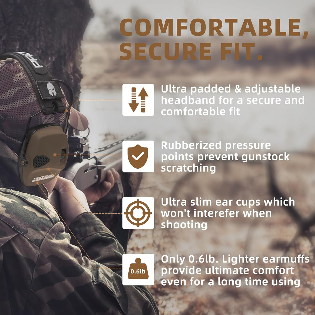 PROHEAR Electronic Ear Protection Muffs - 4X Sound Amplification & NRR 23dB Noise Reduction | Brown