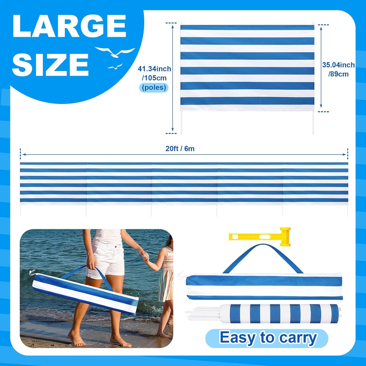 Sliner 20ft Long Beach Wind Screen - Portable UV 50+ Umbrella Privacy Blocker | Blue & White