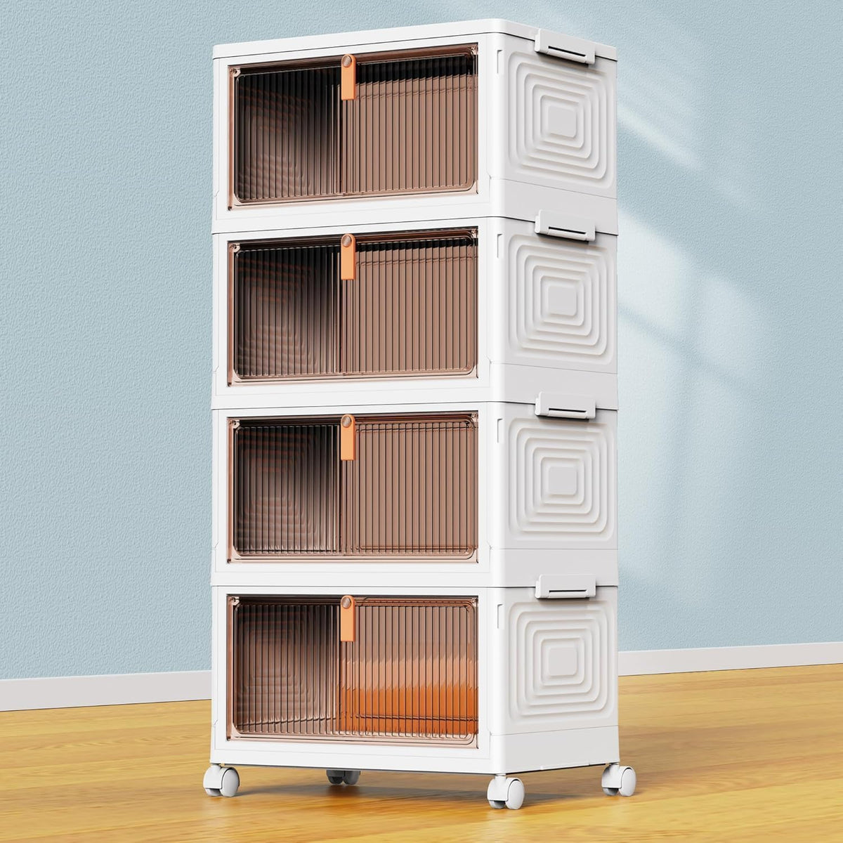 YFXCVSL 4 Tier Plastic Storage Bins with Lid 23QT, Stackable Storage Containers with Wheels, Folding Storage Boxes, Stackable Storage Bins, Organizers and Storage for Living Room,Office,Dorm
