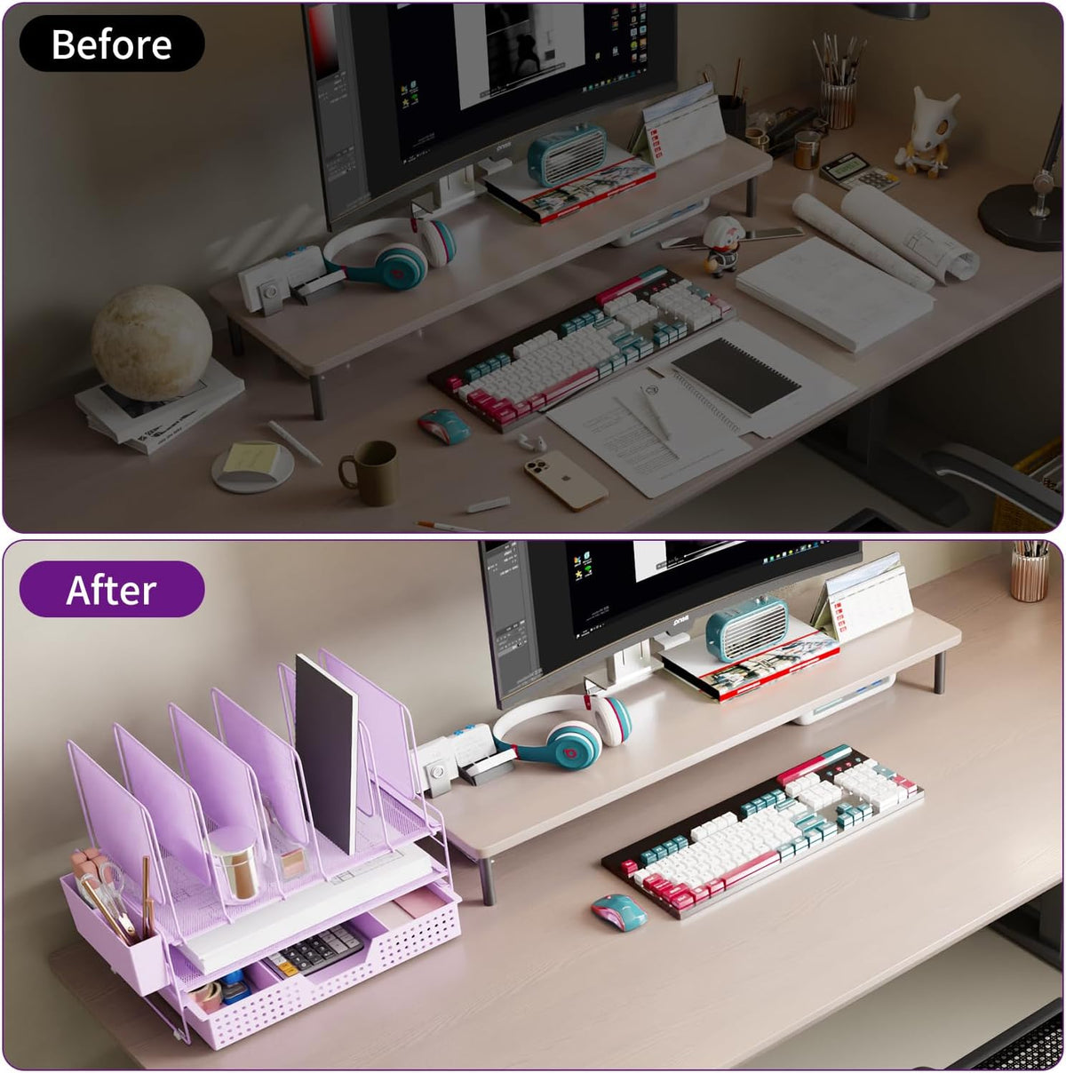 LEKETREE Desk Organizer, Office Organization with Vertical File Holder, File Organizer with Drawer and Pen Holder, Desk Accessories and Workspace Organizers for Home Office (Purple)