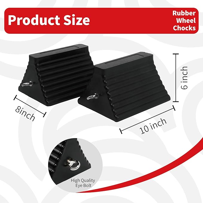 Heavy Duty Rubber Wheel Chocks with Eyebolt, Durable Rubber Made Tire Chalk Blocks, All-Weather, for Semi Trucks, Trailers, Cars, RVs or Other Heavy Equipments (2, Black)