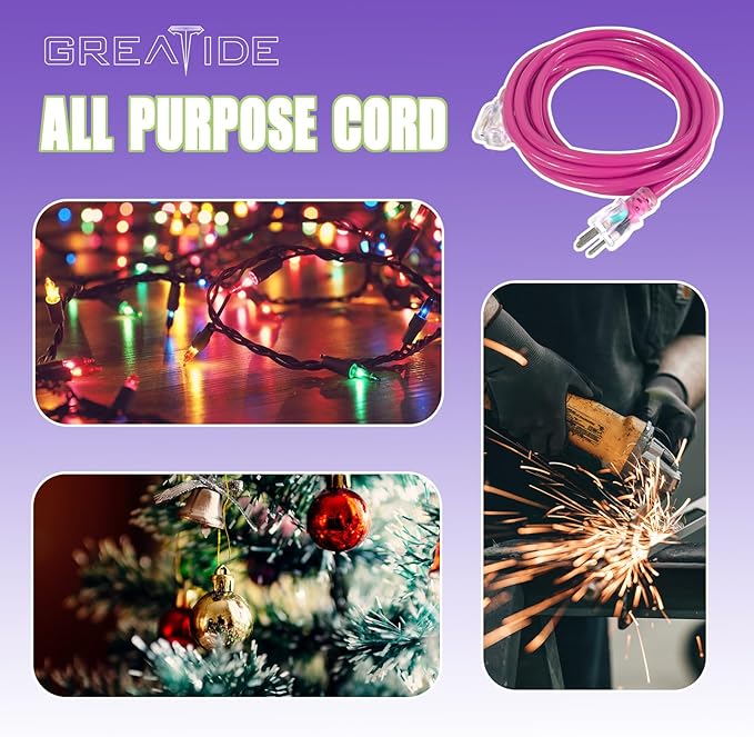 Outdoor Extension Cord with Lighted End, 12 Gauge Heavy Duty Extension Cord 10 FT, 3 Prong Grounded 15 Amp Extension Cord, 12/3 SJTW Waterproof Power Cord for Appliance, UL Listed, Pink