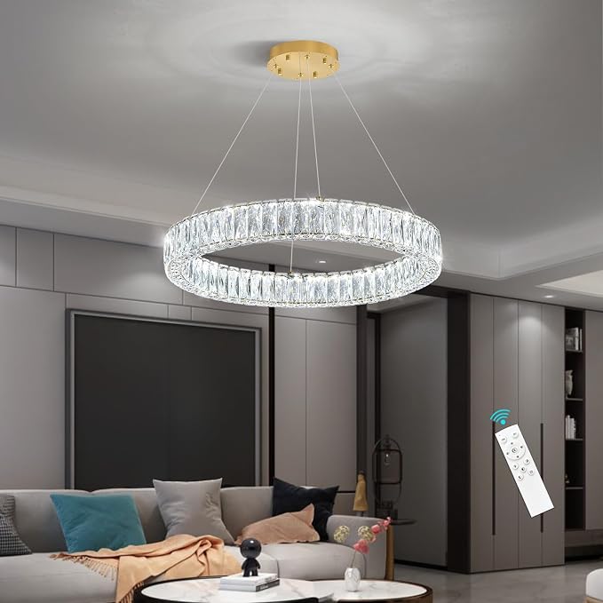 HAIXIANG Modern Crystal Chandelier Dimmable LED Ring Pendant Lights Adjustable