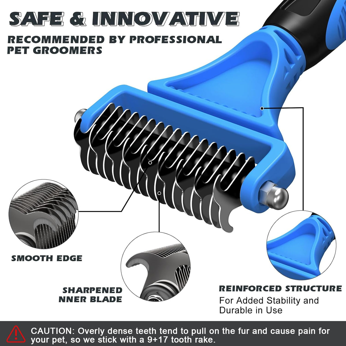 Skiennix Pet Grooming Set - 3PCS Double-Sided Rake, Metal Comb & Flea Comb for Cats & Dogs | Extra-Wide Deshedding Tool (Blue)