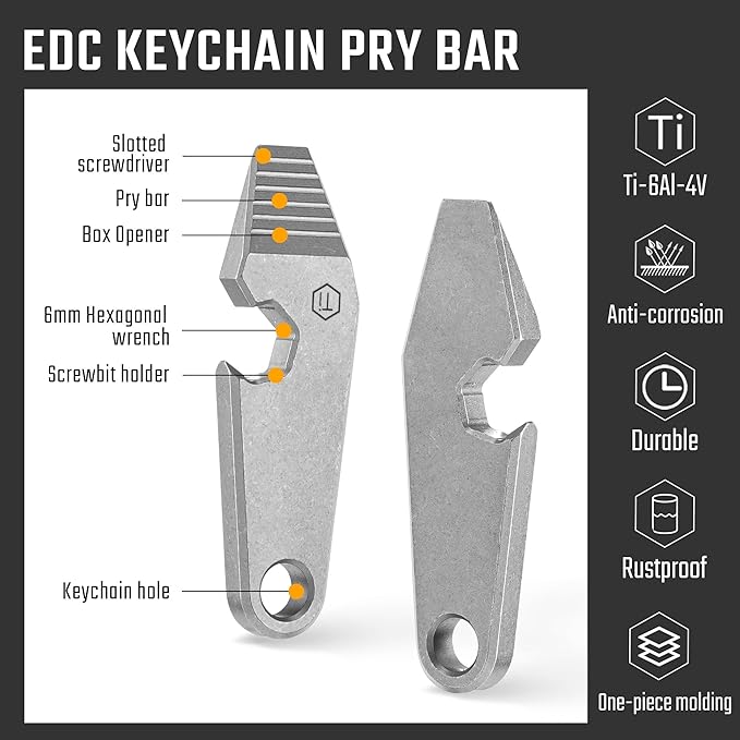 KeyUnity KR01 Titanium EDC Pry Bar Multitool, 6 in 1 Mini Crowbar Keychain Tool for Everyday Carry