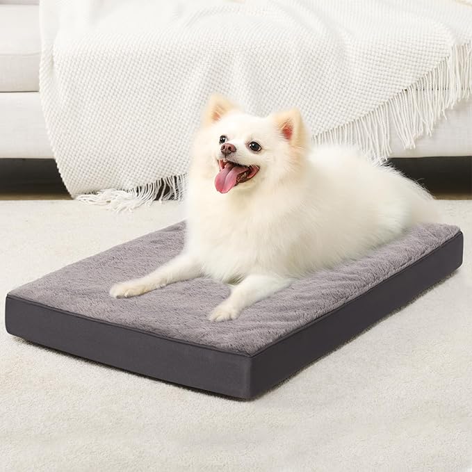 KSIIA Orthopedic Dog Bed Waterproof Dog Crate Bed for Medium Dogs Deluxe Plush Washable with Egg Crate Foam & Removable Cover, 29 x 18 Inch, Dark Gray