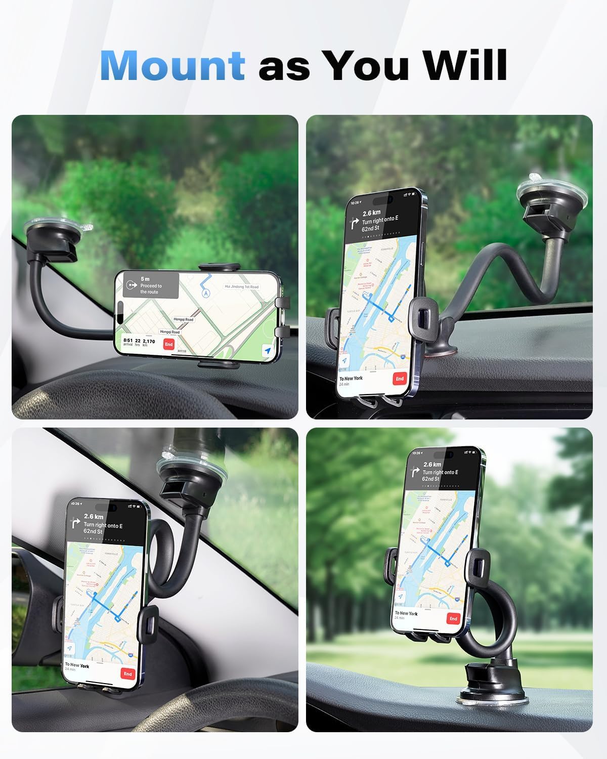 1Zero Solid Car Truck Phone Mount Holder with 14-Inch Gooseneck Long Arm