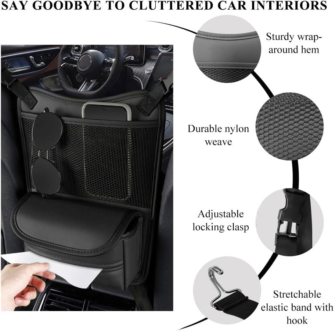 DXNQ Car Organizer Storage Between Seats, Leather Large Capacity Automobile Handbag Hanging Store Content Bag, Auto Console Organizer Holder for Snack Phone Document Storages, Car Accessories (Black)