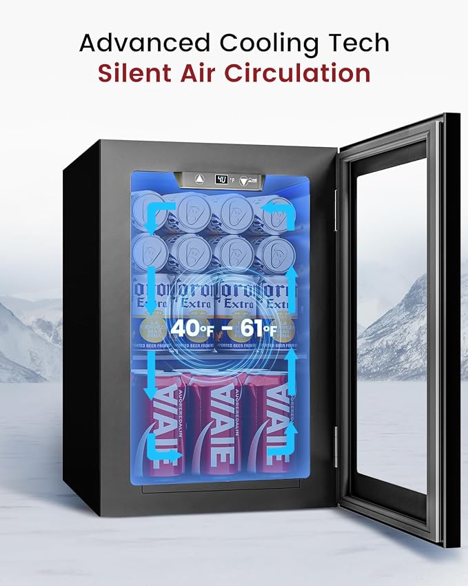 Feelfunn 24 Can Beverage Refrigerator, Mini Fridge, Black | 40-61°F temp control, whisper-quiet ≤38dB, holds 24 cans, removable shelf. Ideal for office, dorm, bedroom, home bar