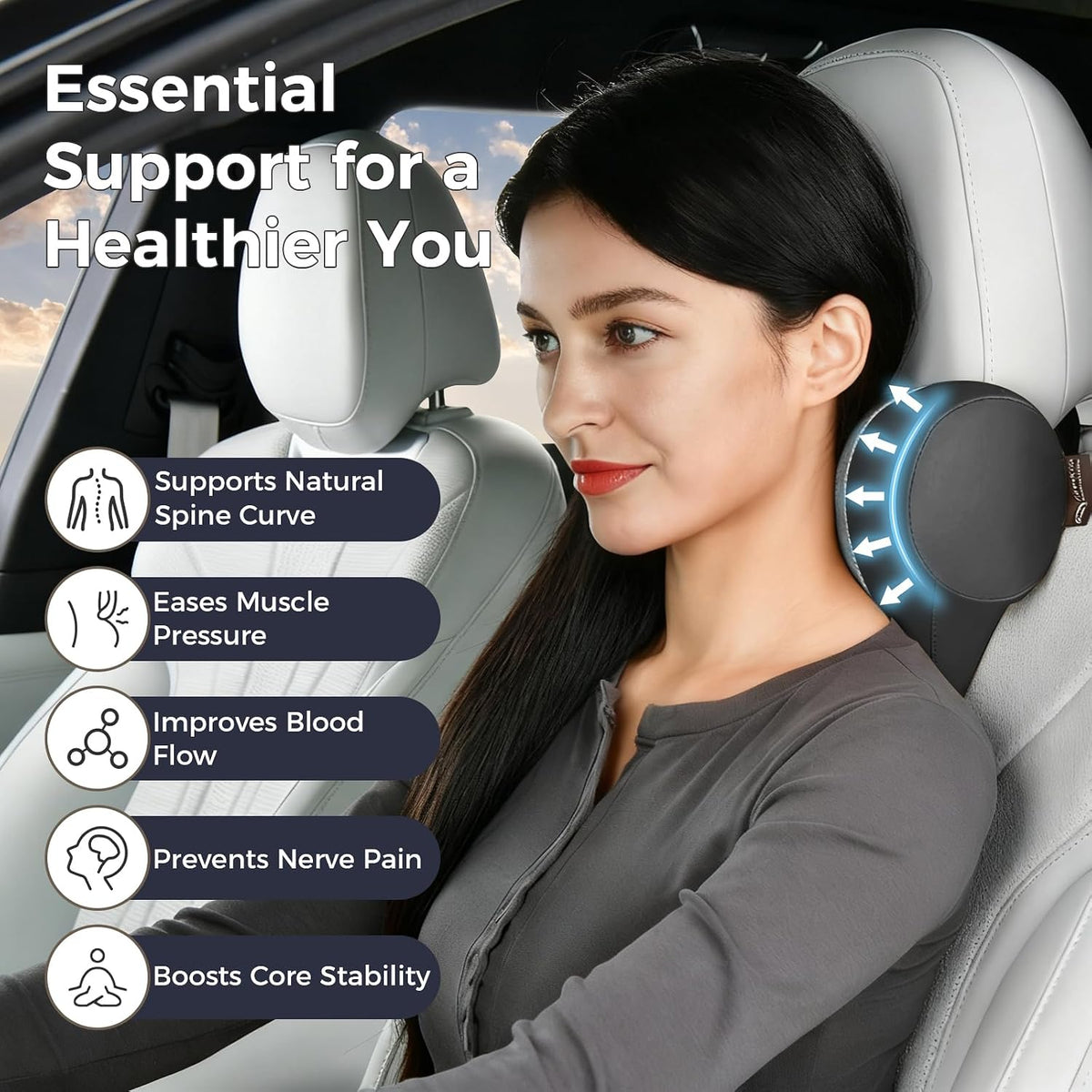 Coverado Car Headrest Pillow, Ergonomic Memory Foam Car Neck Pillow for Driving Seat with Adjustable Strap, Soft PU Leather Breathable Removable Cover Neck Support for Neck Pain Relief