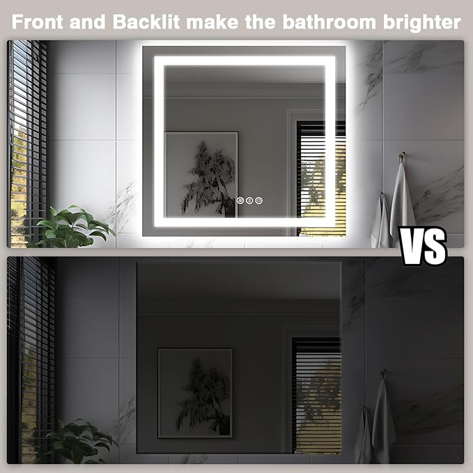 36"x36" Square LED Bathroom Mirror (Front and Backlit), Anti-Fog Vanity Mirror with Lights, Stepless 3 Colors Dimmable Smart Lighted Mirror(Horizontal/Vertical)