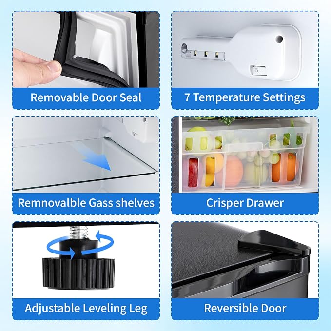 Refrigerator 3.2 Cu.Ft Mini Fridge with Freezer, 7-Temperature | Double Door Compact Refrigerator, Adjustable Thermostat & Removable Shelves for Dorm Apartment (2 Door)