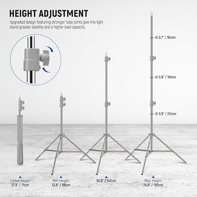 NEEWER Upgraded 75"/190cm Light Stand Stainless Steel Spring Loaded, Foldable