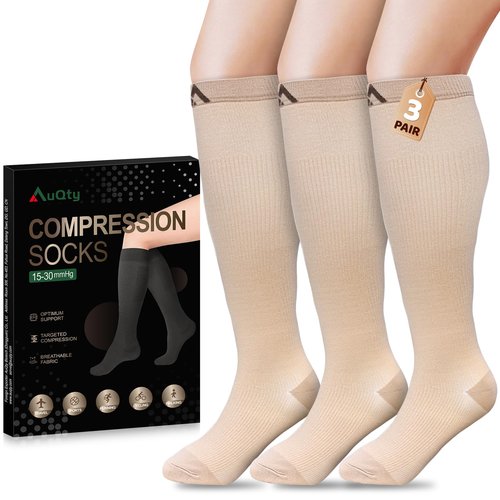 AuQty Compression Socks 15-30 mmHg for Men Women (3 Pairs) - Medical Stockings, Support Socks for Circulation, Deep Vein Thrombosis, Calf Cramps and Swelling (Nude/Nude/Nude, Large-X-Large)