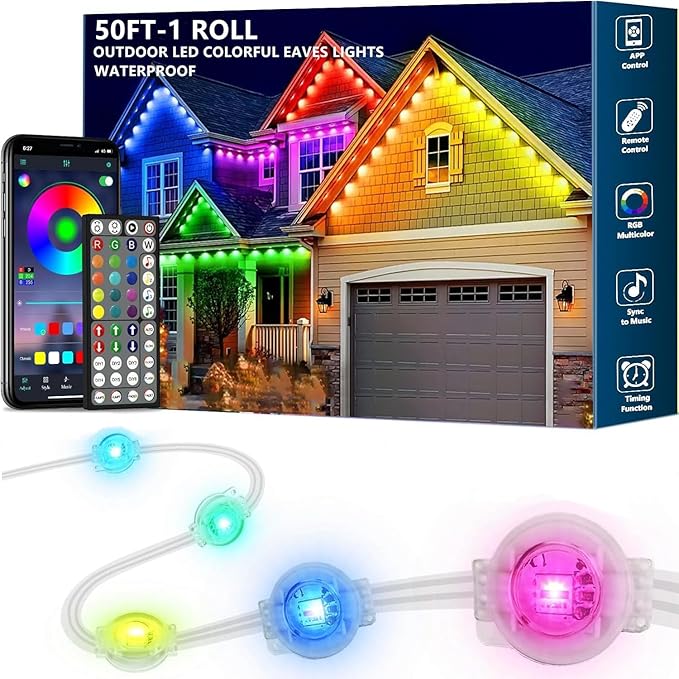 50FT Permanent Outdoor RGB Lights,Waterproof Smart LED Eaves Lights with App/Remote Control,for Christmas and All Holiday Decor,Daily and Accent Lighting,House Roof and Garden Lighting